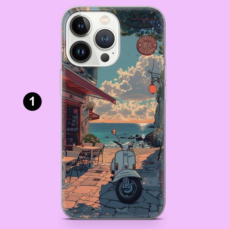 May include: Clear phone case featuring a scenic illustration of a coastal cafe with a scooter. The artwork depicts a cafe with tables and chairs, a red awning, and a scooter parked on a cobblestone street. The background shows the ocean and sky.