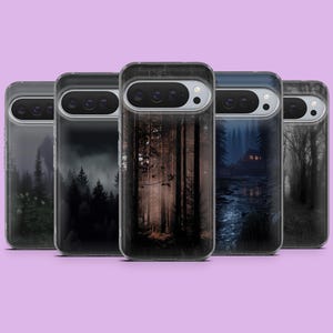 May include: Five phone cases, each displaying a different forest scene. The designs vary, including misty forests, sunlit woods, and a cabin by a river. The cases showcase a range of atmospheric forest imagery.