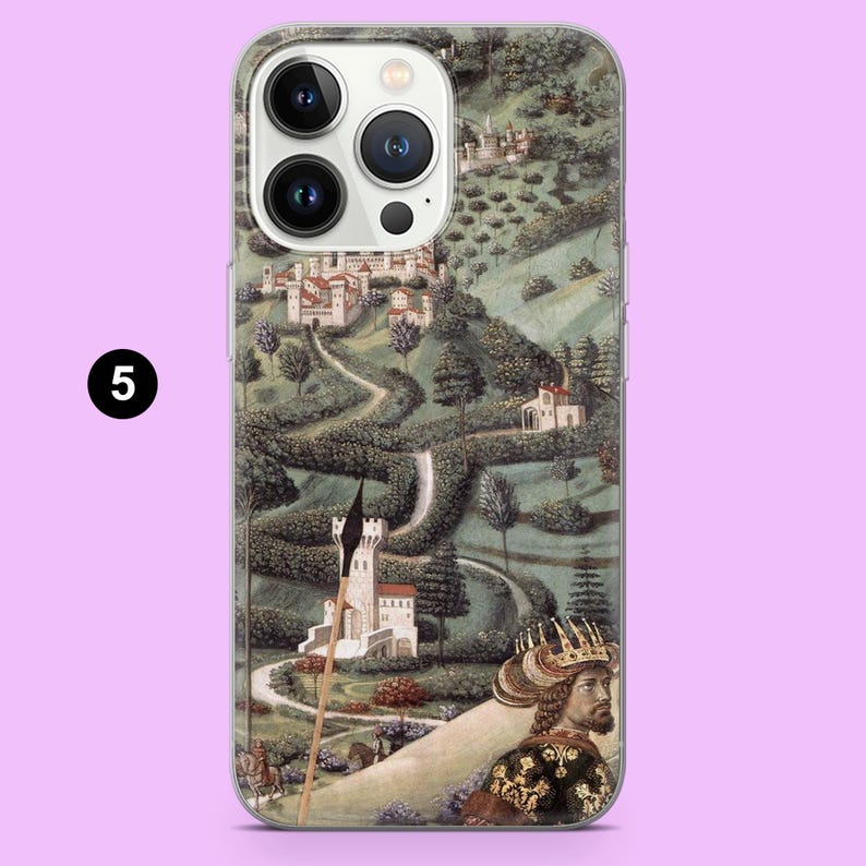 May include: A phone case featuring a medieval landscape illustration with a castle, winding roads, and a king. The design includes shades of green, brown, and white, with a light purple background. The number 5 is in a black circle on the left side.