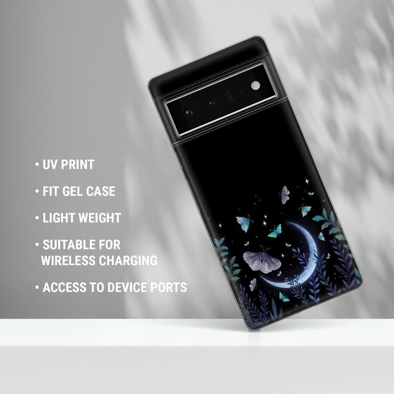 May include: Black phone case with a celestial design featuring a crescent moon, butterflies, and foliage. The case has a UV print, is a fit gel case, and is light weight. It is suitable for wireless charging and allows access to device ports.