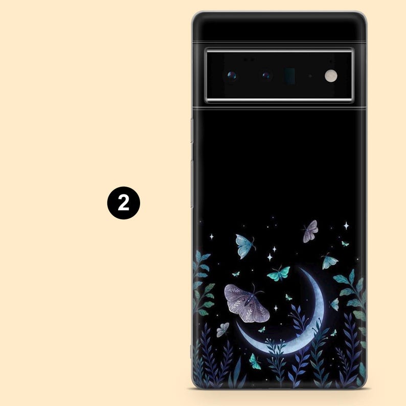 May include: Black phone case featuring a crescent moon design with butterflies and foliage. The case has a glossy finish and a camera cutout at the top. The design includes shades of blue, green, and purple.
