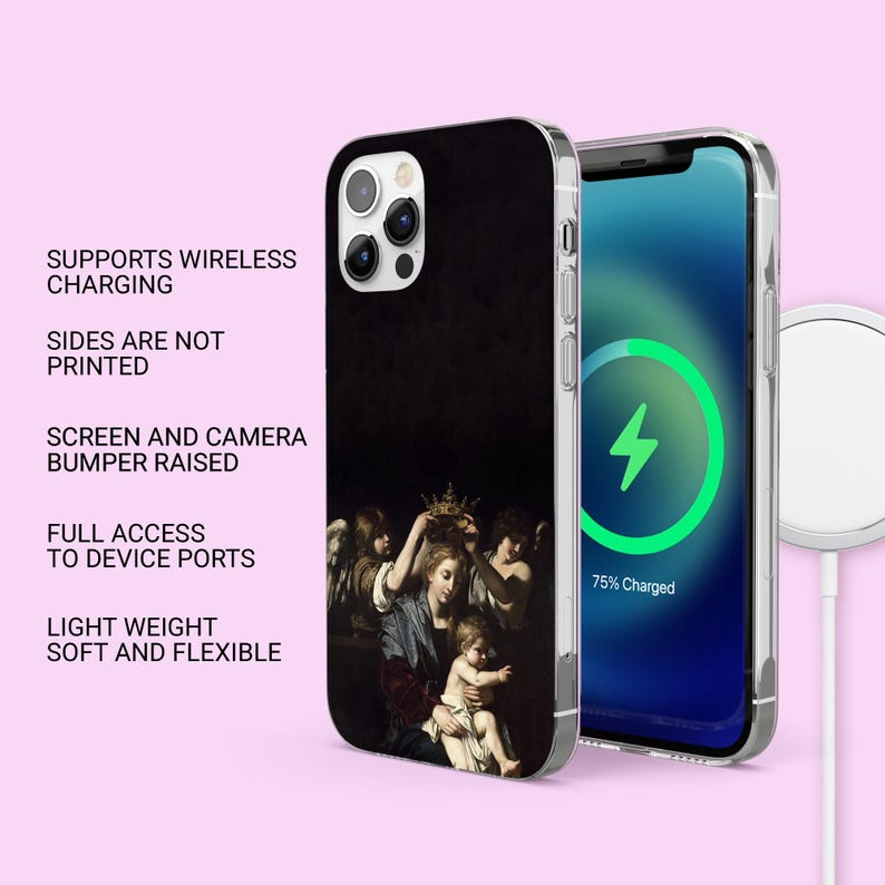 May include: A black phone case featuring a classical painting with a crown. The phone case is shown next to a phone displaying a charging symbol. Text on the case reads: SUPPORTS WIRELESS CHARGING, SIDES ARE NOT PRINTED, SCREEN AND CAMERA BUMPER RAISED, FULL ACCESS TO DEVICE PORTS, LIGHT WEIGHT SOFT AND FLEXIBLE.