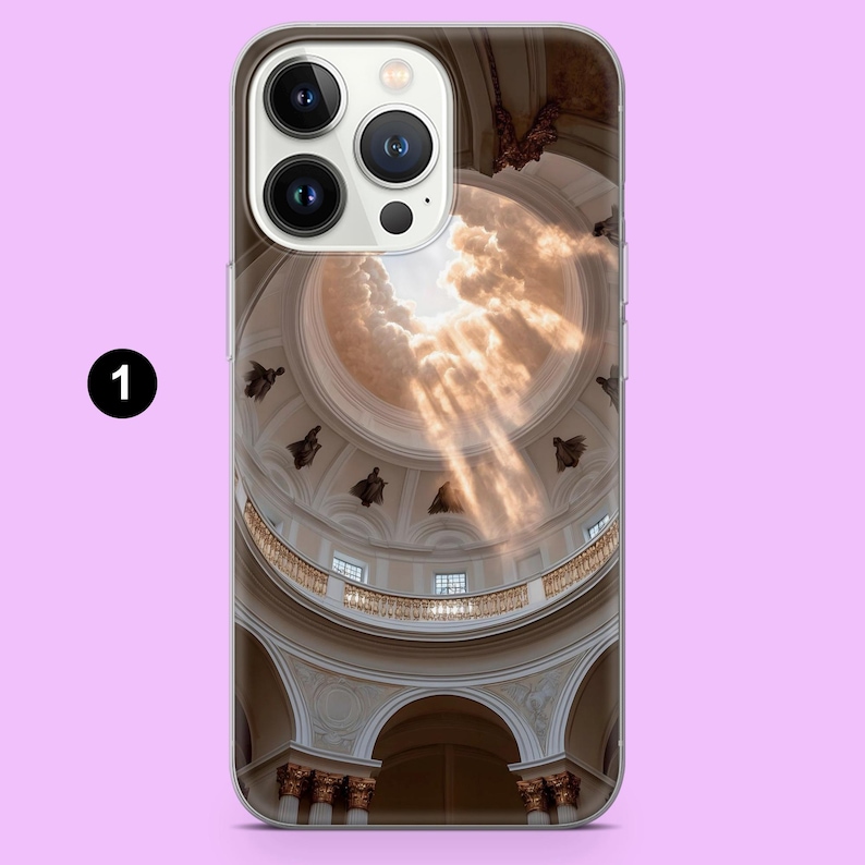 May include: A phone case featuring a detailed image of a domed ceiling with sunlight streaming through. The architectural design includes arches, columns, and decorative elements, creating a sense of grandeur. The case is designed to fit a smartphone.