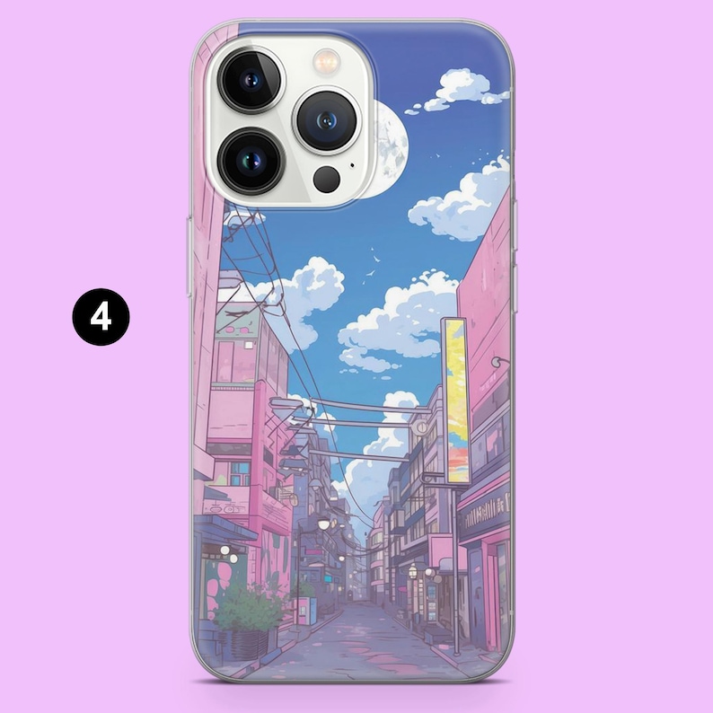 May include: A phone case featuring an anime-style illustration of a city street scene. The design showcases pink buildings, a blue sky with clouds, and a full moon. The case is designed to fit a smartphone with multiple camera lenses.