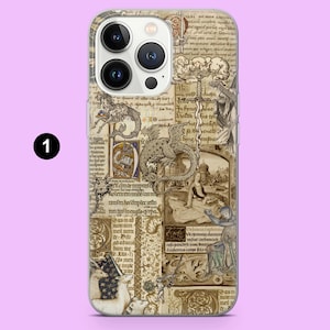 May include: A phone case featuring a collage of medieval illustrations and text in sepia tones. The design includes images of dragons, mythical creatures, and figures, with the number "1" in a black circle in the upper left corner.