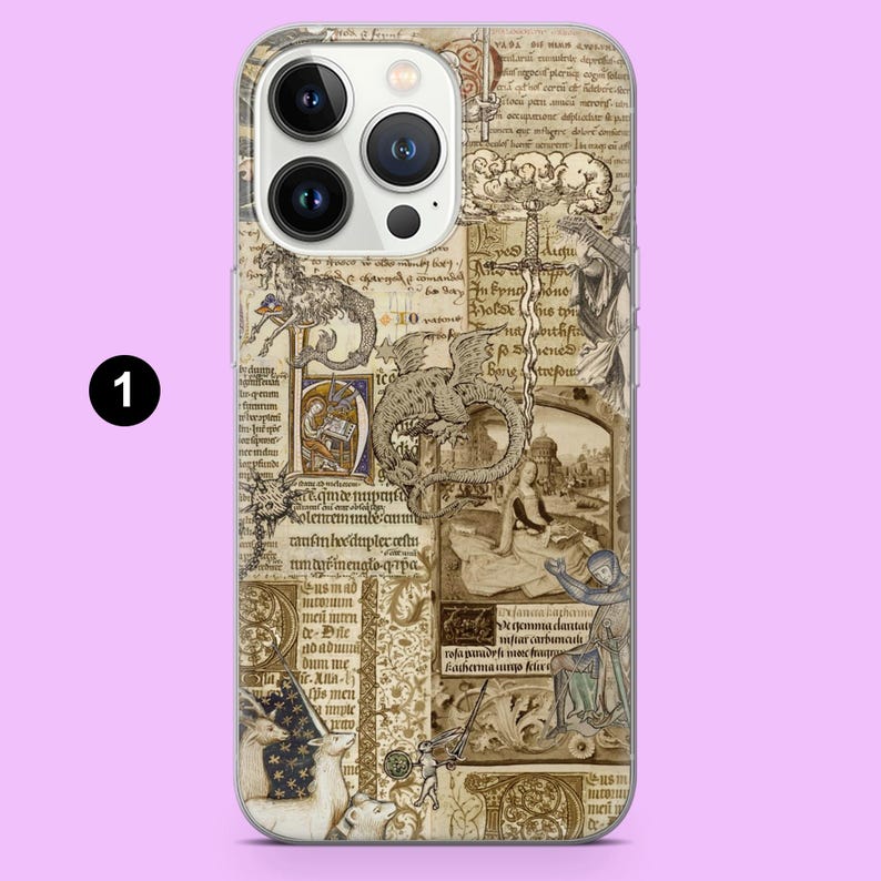 May include: A phone case featuring a collage of medieval illustrations and text in sepia tones. The design includes images of dragons, mythical creatures, and figures, with the number "1" in a black circle in the upper left corner.