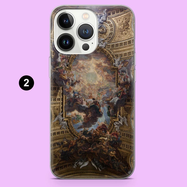 May include: A phone case featuring a detailed painting of a church ceiling with ornate gold trim and a central fresco depicting a religious scene. The case has a clear border and a number 2 in a black circle.