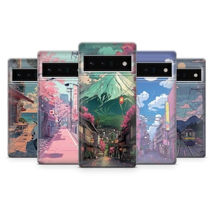 May include: A collection of phone cases featuring Japanese-inspired illustrations. Each case showcases a different scenic view, including cherry blossoms, mountains, and cityscapes. The color palette includes pink, green, blue, and purple hues.