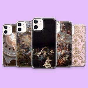 May include: A collection of five phone cases with various designs. The cases feature images of classical paintings, including religious scenes and architectural details. One case has a pink floral pattern.