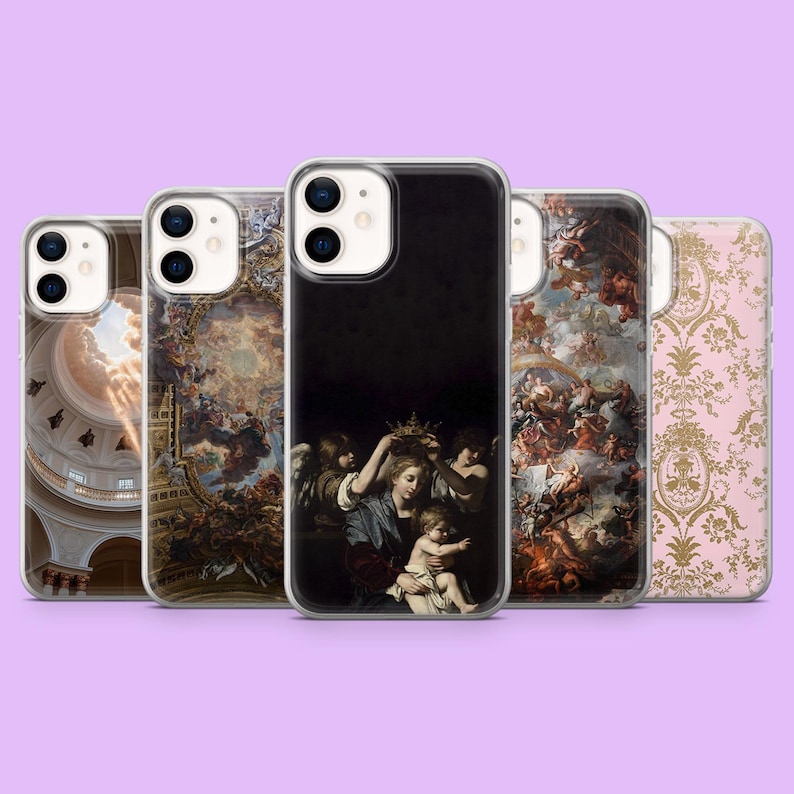 May include: A collection of five phone cases with various designs. The cases feature images of classical paintings, including religious scenes and architectural details. One case has a pink floral pattern.