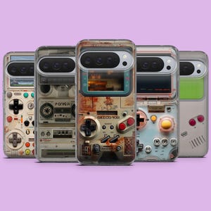 May include: Five phone cases with retro video game console designs. Each case features a different color scheme and button layout, with details like D-pads, buttons, and screens. The cases have a clear, protective outer layer.