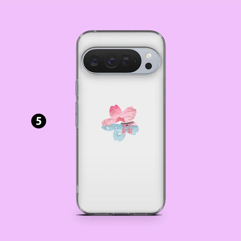 May include: Transparent phone case with a floral design. The design features a pink and blue flower with a Japanese-style building in the centre. The case is shown against a light purple background.