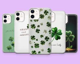 Good Luck Clover Phone Case Lucky Four Leaf Cover for iPhone 17, 16Pro, 15, 14, 13, 12, Samsung S25, S24, S23, S22, A56, A16, A36, Pixel 11