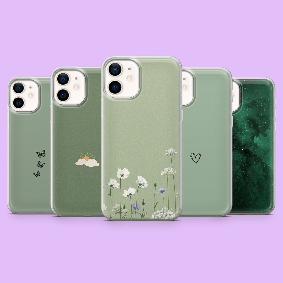 Green Minimalist Phone Case Floral Aesthetic Simple Cover for iPhone 15 ...