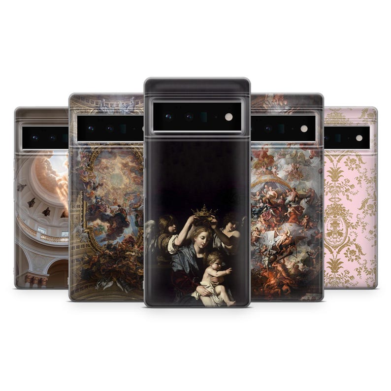 May include: A collection of phone cases featuring classic art prints. The cases display images of religious paintings, architectural details, and ornate patterns. The cases are in various colors, including beige, black, and pink.