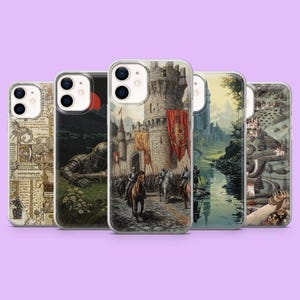 May include: A collection of phone cases featuring medieval and fantasy art. The designs include a map, a knight, a castle scene with soldiers on horseback, a river landscape with a castle, and a detailed illustration of a castle.