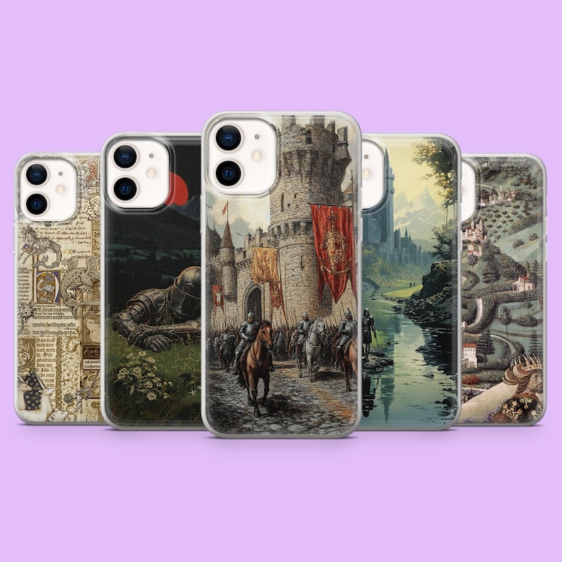 May include: A collection of phone cases featuring medieval and fantasy art. The designs include a map, a knight, a castle scene with soldiers on horseback, a river landscape with a castle, and a detailed illustration of a castle.