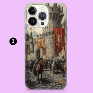 May include: A phone case featuring a medieval castle scene with knights on horseback. The artwork depicts a fortress with banners and a procession of soldiers, rendered in a detailed, vintage style.