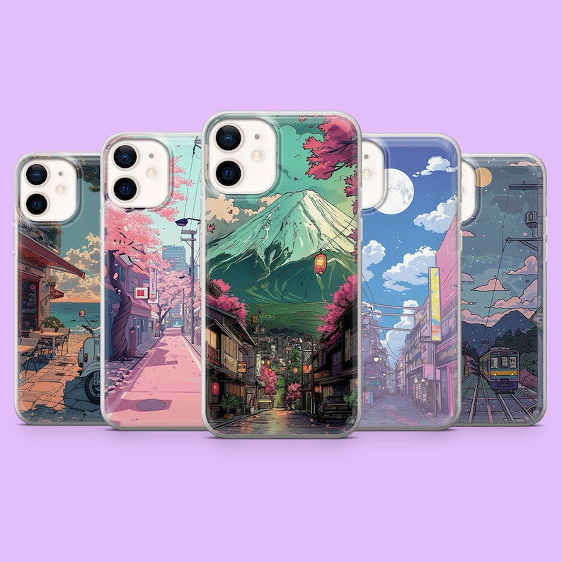 May include: A collection of five phone cases featuring Japanese-inspired illustrations. Each case showcases a different scenic view, including streets, mountains, and cherry blossoms, in a vibrant, artistic style. The cases are clear with a colorful design.