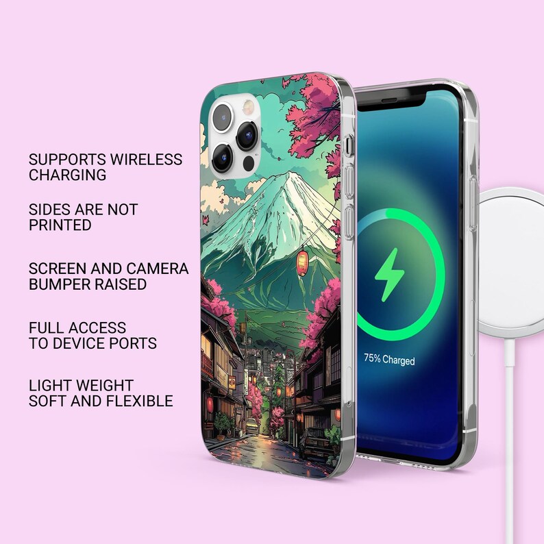 May include: A phone case with a Japanese landscape design featuring Mount Fuji, cherry blossoms, and a traditional street scene. The phone case is shown next to a phone with a charging symbol. The text on the case reads: Supports Wireless Charging, Sides Are Not Printed, Screen and Camera Bumper Raised, Full Access to Device Ports, Light Weight Soft and Flexible.