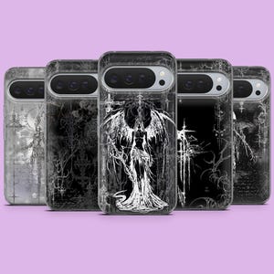 May include: A collection of five black phone cases with gothic-inspired designs. Each case features a unique black and white illustration, including a winged figure, intricate patterns, and celestial elements. The cases are displayed against a light purple background.