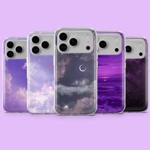 May include: Five clear phone cases with different celestial designs. The cases feature images of clouds, stars, and a crescent moon in shades of purple and blue. The phone cases have a clear border and a camera cutout.