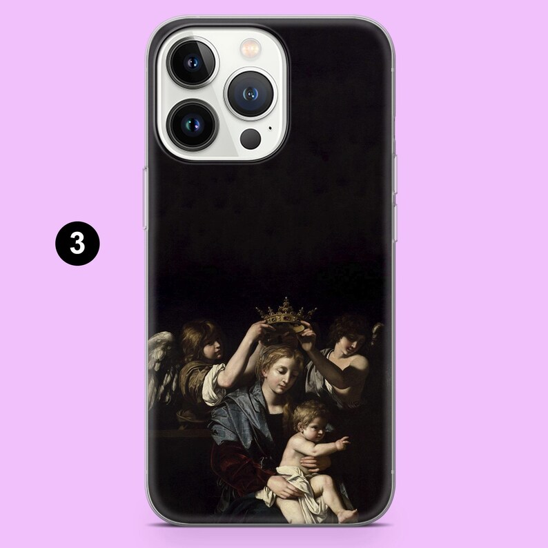 May include: Black phone case featuring a classical painting of figures, including a woman, a baby, and angels. The artwork depicts a crowning scene with a golden crown. The case has a clear border and the number "3" in a white circle.