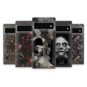 May include: Five phone cases with distinctive designs are displayed. The cases showcase artistic patterns, including floral, skull, and portrait illustrations. The colour scheme includes black, white, and grey tones, creating a striking visual contrast.