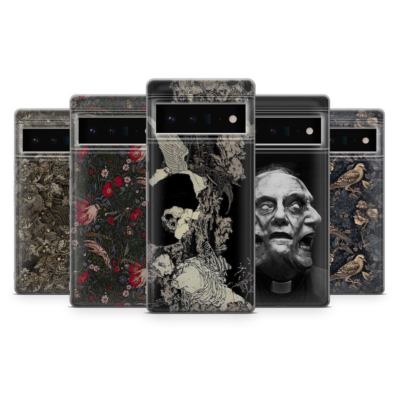 May include: Five phone cases with distinctive designs are displayed. The cases showcase artistic patterns, including floral, skull, and portrait illustrations. The colour scheme includes black, white, and grey tones, creating a striking visual contrast.