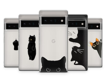 Black Cat Phone Case Animal Transparent Kitten Cover for Google Pixel 10, 10Pro, 9, 9Pro, 8, 7, 6, Samsung S25, S24, S23, A16, iPhone 17Air