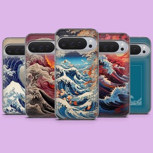 May include: Five phone cases with a Japanese wave art design. Each case has a different colour scheme, including blues, reds, and oranges, with white wave crests. The cases are made of a clear material.
