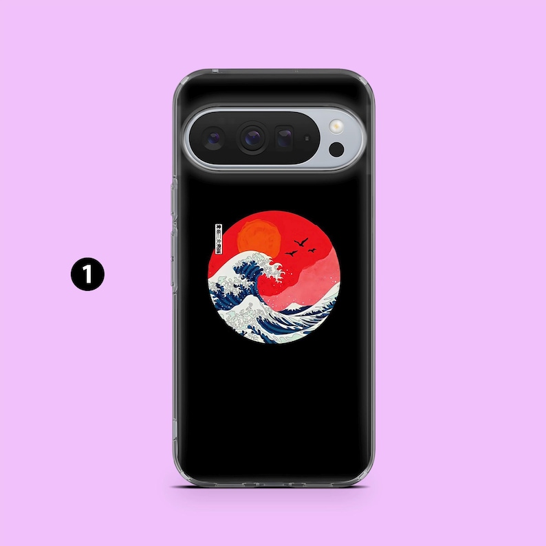 May include: Black phone case with a Japanese wave design. The design features a red sun, white waves, and birds. The case is made of a clear, protective material.