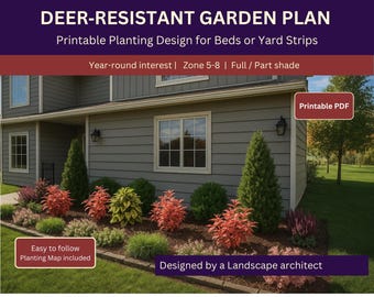 May include: A garden plan with text that reads "DEER-RESISTANT GARDEN PLAN". The image shows a house with a garden bed filled with various plants. Text on the image says "Printable PDF" and "Easy to follow Planting Map included".