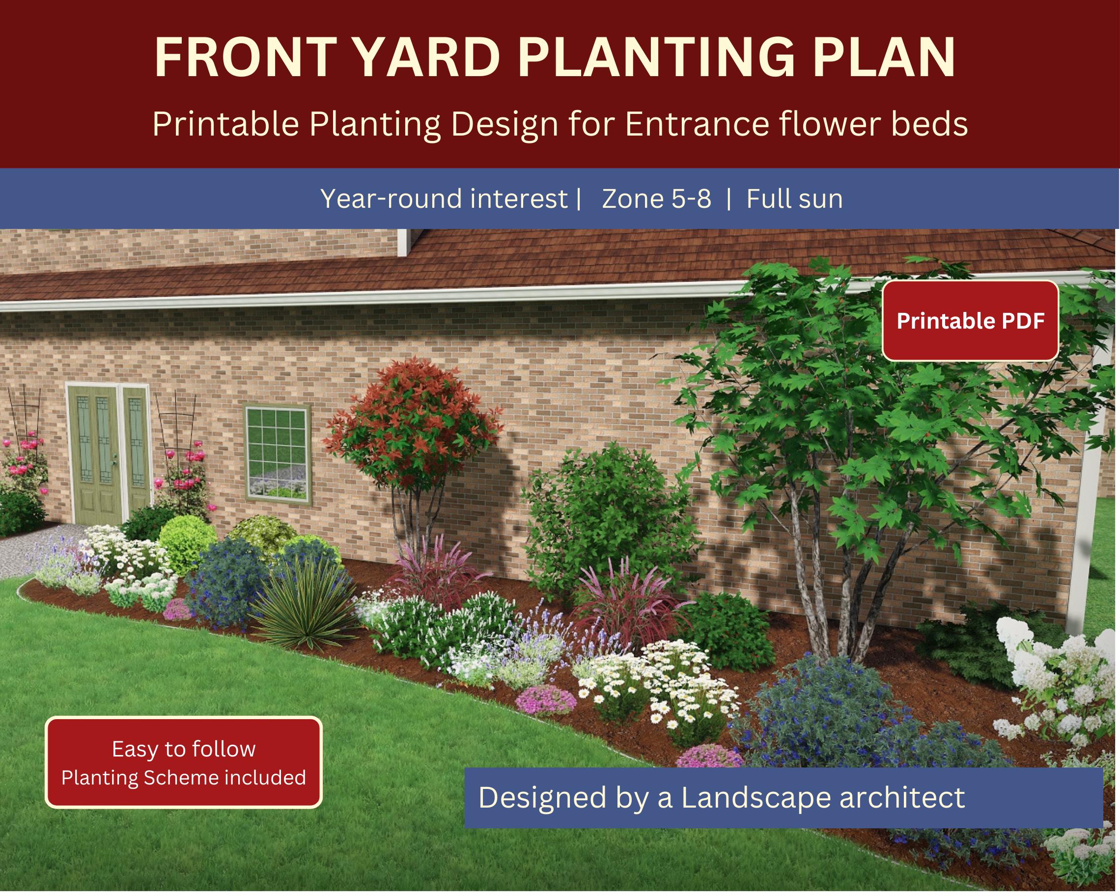 Front Yard Landscaping Plan, Layered Flower Bed With Colors All Season,  Designer Landscape DIY - Etsy Israel, image size:2280x1824