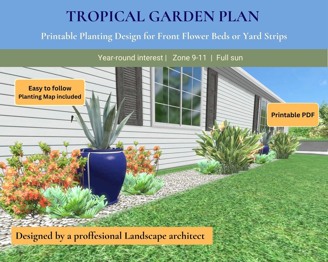 Tropical Front Yard Garden Plan • Zone 9-11, Full Sun (PDF) - Etsy