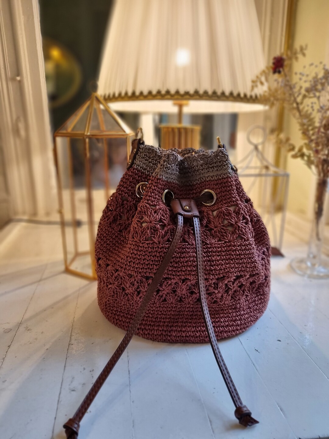 Crocheted Paper Rope, Knitted Lined Paper Rope Bag, Shoulder Bag