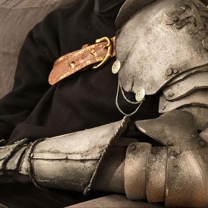May include: A metallic arm armor set featuring a shoulder pauldron with embossed detailing, articulated elbow and forearm plates, and a gauntlet. The armor is secured with a brown leather strap featuring a brass buckle and decorative chains.
