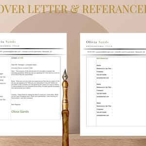 May include: Two white documents with the text "COVER LETTER" and "REFERENCES" are displayed. The documents have a green border and are labeled with the name "Olivia Sands". A vintage pen is in the foreground.