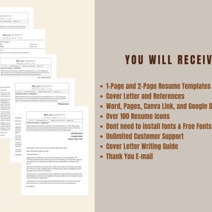 Pu&ograve; includere: Diversi modelli di curriculum vitae con il nome "Milla Roberts" in un design minimalista. Il lato destro dell'immagine elenca le caratteristiche dei modelli, tra cui modelli di curriculum, lettere di presentazione e oltre 100 icone.