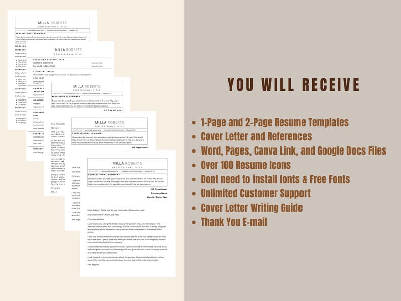Pu&ograve; includere: Diversi modelli di curriculum vitae con il nome "Milla Roberts" in un design minimalista. Il lato destro dell'immagine elenca le caratteristiche dei modelli, tra cui modelli di curriculum, lettere di presentazione e oltre 100 icone.