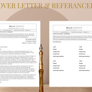 Pu&ograve; includere: Un modello di lettera di presentazione e foglio di riferimento con il testo "COOVER LETTER & REFERANCER" in alto. I documenti sono bianchi con testo nero e una penna decorativa &egrave; in primo piano. Il modello include sezioni per un riepilogo professionale e riferimenti.