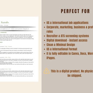 May include: A digital resume template with a minimalist design. The resume includes sections for professional overview and work experience. Text on the right side lists features such as US & international job applications, digital download, and editable formats. A warning icon indicates it's a digital product.
