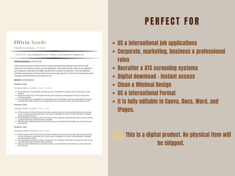 May include: A digital resume template with a minimalist design. The resume includes sections for professional overview and work experience. Text on the right side lists features such as US & international job applications, digital download, and editable formats. A warning icon indicates it's a digital product.