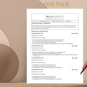 Pu&ograve; includere: Un modello di curriculum vitae di una pagina con il nome "Milla Roberts" e il titolo "Professional Title" in alto. Il curriculum include sezioni per un riepilogo professionale e l'esperienza lavorativa, con spazio per titoli di lavoro, nomi di aziende e descrizioni.