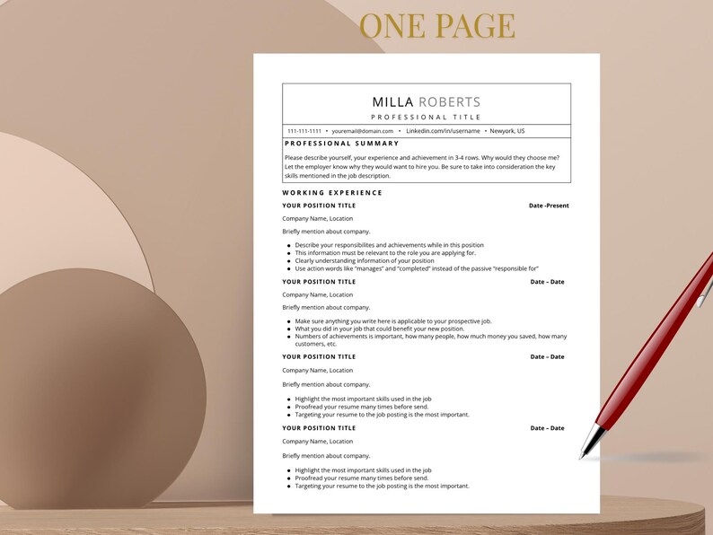 Pu&ograve; includere: Un modello di curriculum vitae di una pagina con il nome "Milla Roberts" e il titolo "Professional Title" in alto. Il curriculum include sezioni per un riepilogo professionale e l'esperienza lavorativa, con spazio per titoli di lavoro, nomi di aziende e descrizioni.