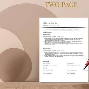 May include: A two-page resume template with the text "TWO PAGE" at the top. The resume includes sections for work experience, education, and skills. A red pen rests on the right side of the resume, and the background is a neutral color.