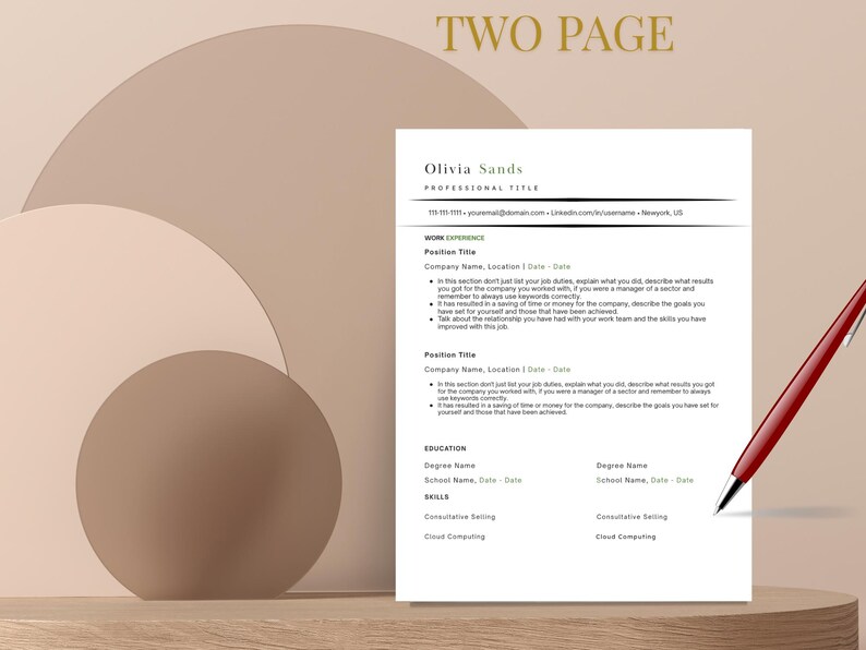May include: A two-page resume template with the text "TWO PAGE" at the top. The resume includes sections for work experience, education, and skills. A red pen rests on the right side of the resume, and the background is a neutral color.