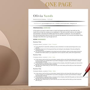 May include: A resume template with the name "Olivia Sands" at the top. The document is white with black text and a red pen is resting on the right side. The resume includes sections for professional overview and work experience.