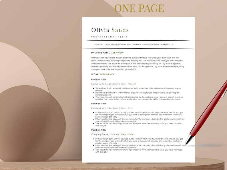 May include: A resume template with the name "Olivia Sands" at the top. The document is white with black text and a red pen is resting on the right side. The resume includes sections for professional overview and work experience.