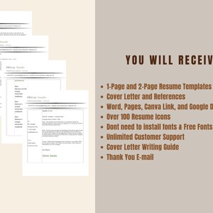 May include: A collection of resume templates with the name "Olivia Sands" displayed on the documents. The right side of the image features text that reads "YOU WILL RECEIVE" followed by a list of features, including resume templates, cover letters, and icons.